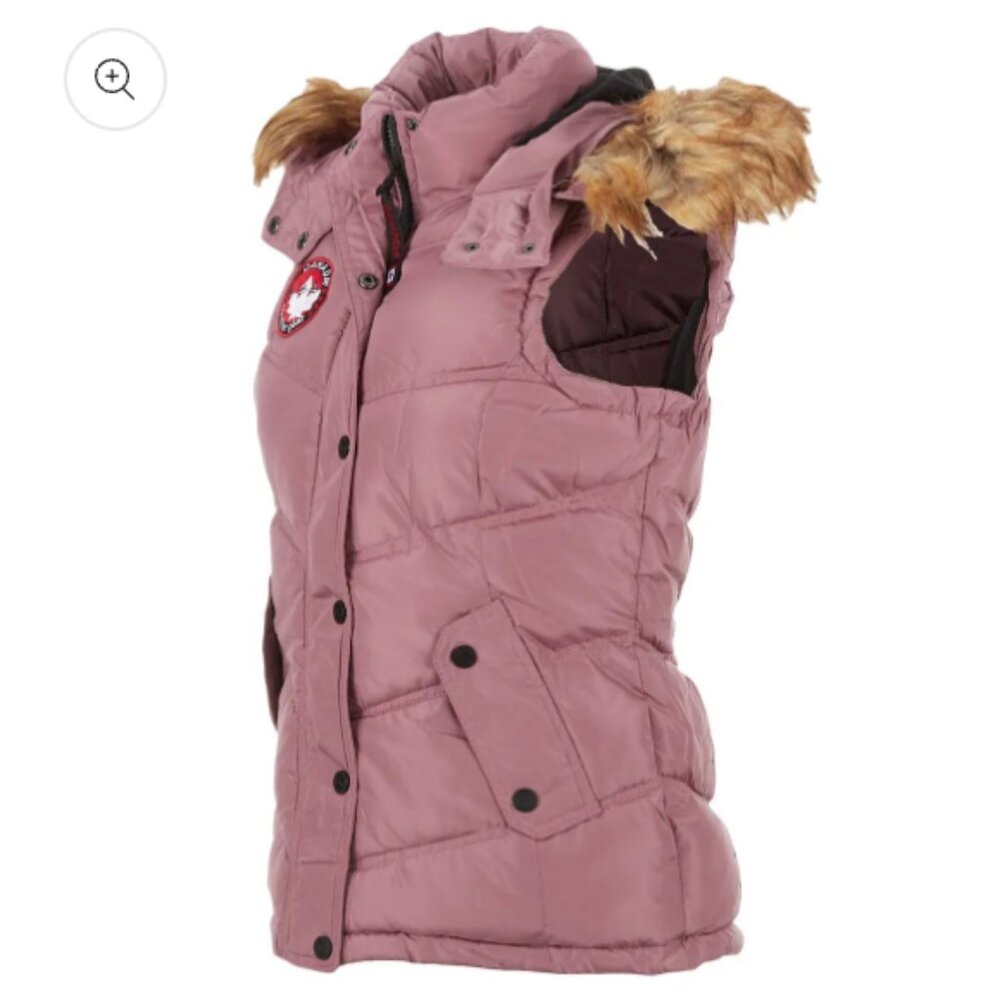 Women's Puffer Vest with Faux Fur Hood - Mauve Pink